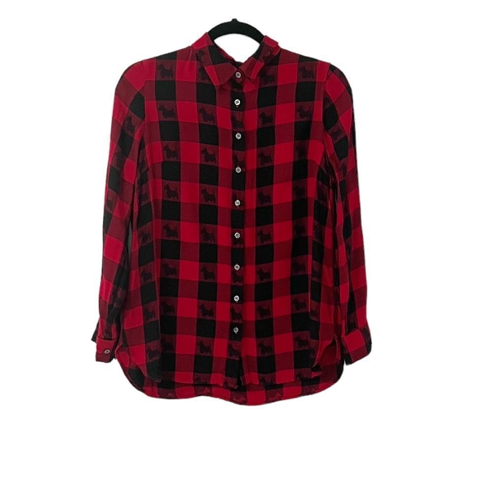 Talbots Red & Black Buffalo Scottie Dog Plaid Button Down Shirt Size MP